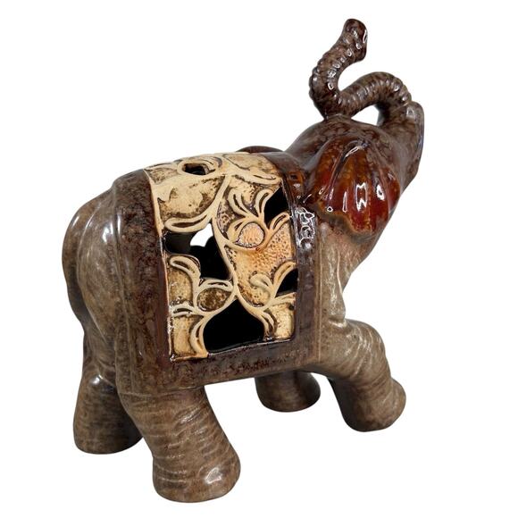Vintage Ceramic Elephant Figurine Brown Red Glazed Filigree Cutout 7” Trunk Up - Picture 5 of 12